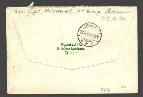 B7736 Deutsch Südwestafrika Brief Hasuur Keetmanshoop 1908 an Lewinsohn Dessau