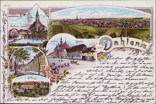 170750 AK Dahlen Litho 1898 Pfarrhaus Schule Kirche Rathaus Markt