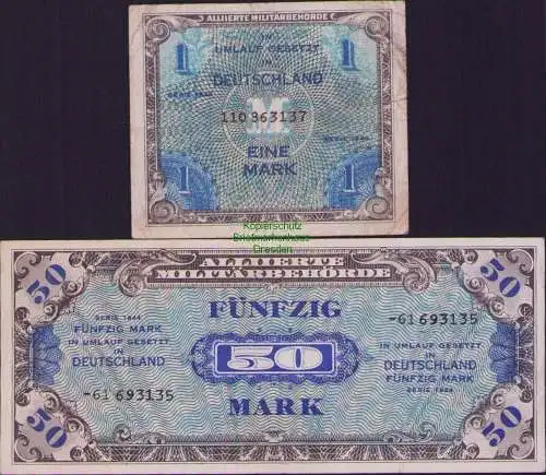 B17553 Deutschland Alliierte Besetzung 2 Geldscheine 1 Mark u. 50 Mark gebraucht