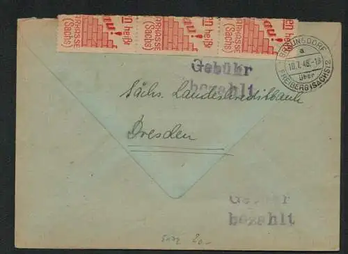 h5172 SBZ Brief Währungsreform 1948 Bräunsdorf über Freiberg Gebühr bezahlt Post