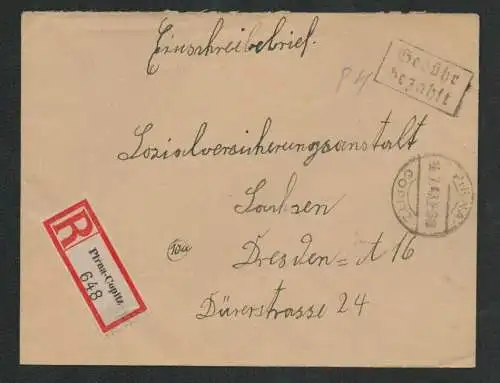 h5271 SBZ Währungsreform 1948 Gebühr bezahlt R-Brief Pirna Copitz nach Dresden