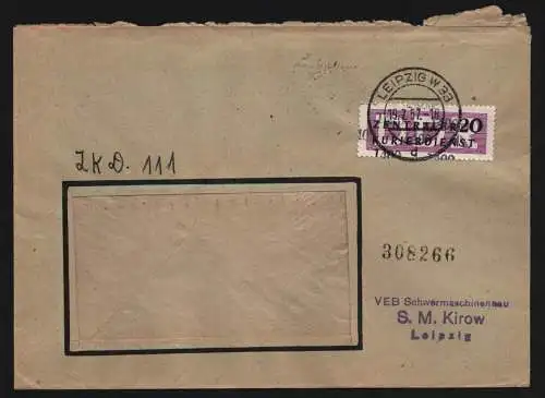 B13308 DDR Dienst ZKD 11 1400 Brief 1957 VEB Schwermaschinenbau SM Kirow Leipzig