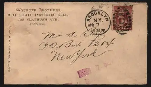 B11855 USA Brief 1886 BROOKLYN N. Y.  WYCKOFF BROTHERS REAL ESTATE-INSURANCE