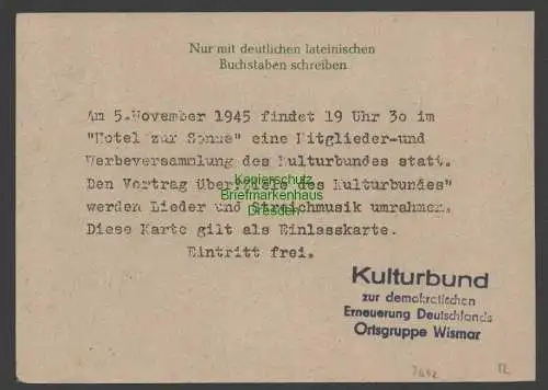 B7642 SBZ Mecklenburg Ganzsache 6 Pfg. gebraucht Wismar 1945 Kulturbund