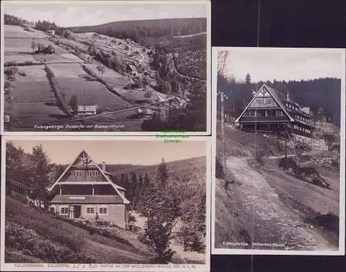 165094 3 AK Eulengebirge 1932 Euldörfel mit Bismarckturm Müllermax-Baude 1928