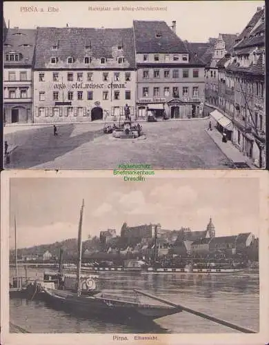 165009 2 AK PIRNA Elbe Marktplatz König-Albertdenkmal 1916 Hotel weisser Schwan