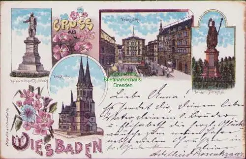 160895 AK Wiesbaden Litho 1898 Kranz Platz Ringkirche Kaiser Wilhelm Denkmal