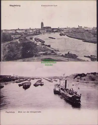 160979 2 AK Magdeburg Elbansicht mit Dom 1917 Blick von der Königsbrücke 1907