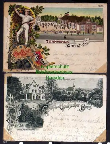 121095 2 Ansichtskarte Groitzsch Litho Turnverein 1899 restaurant zur Wiprechtsburg 1900 Gr