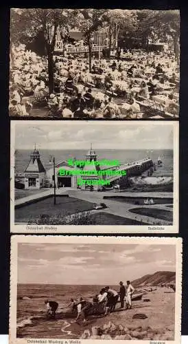 114270 3 Ansichtskarte Misdroy Seebrücke 1934 Fotokarte Restaurant Biergarten Strandbild Fi