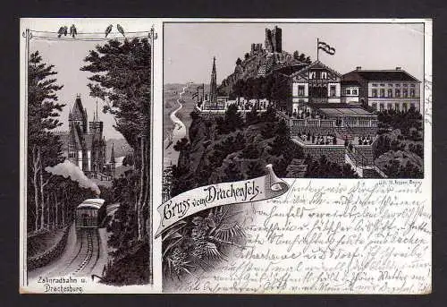 111955 Ansichtskarte Drachenfels Siebengebirge Zahnradbahn 1898 Litho Gasthaus Restaurant