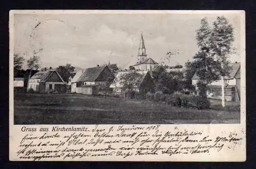 102991 Ansichtskarte Kirchenlamitz 1908 Kirche Dorf Wohnhäuser nach Dörflas b. Marktredwitz