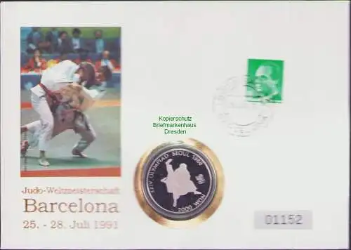 B-16460 Südkorea Numisbrief Judo Weltmeisterschaft Barcelona 1991 2000 Won 1987