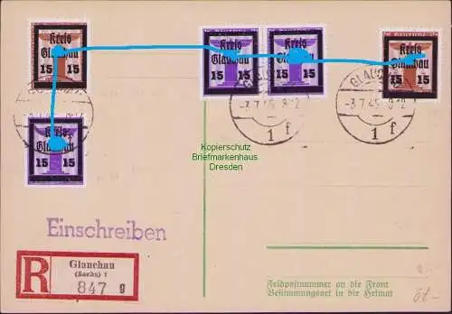 B-16532 Postkarte Einschreiben Lokalausgabe Glauchau blanko 2x 21, 3x 24 gepr.