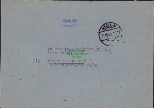 B-16529 SBZ Gebühr bezahlt Brief Nauen 1945 nach Berlin