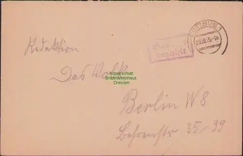 B-16527 SBZ Gebühr bezahlt Brief Cottbus 1945 nach Berlin