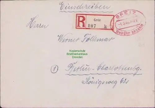 B-16520 SBZ Gebühr bezahlt Brief Einschreiben Greiz 1946 Berlin Charlottenburg