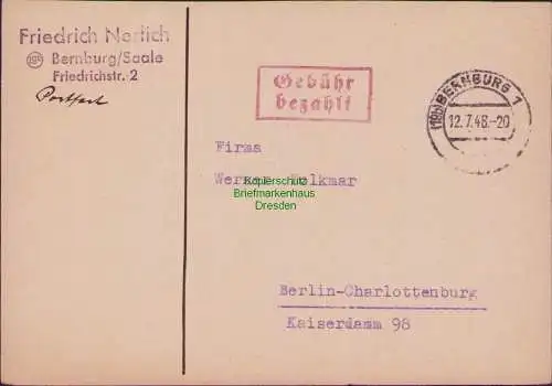 B-16517 SBZ Gebühr bezahlt Postkarte Bernburg 1948 Währungsreform nach Berlin