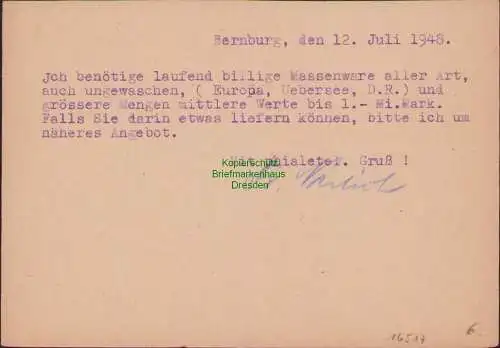 B-16517 SBZ Gebühr bezahlt Postkarte Bernburg 1948 Währungsreform nach Berlin