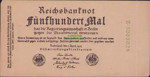 B-16507 Banknot 500 Mal Separatistische Propaganda Rheinland Ruhrland 1923