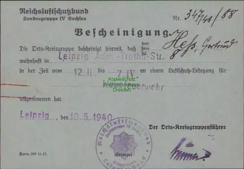 B-16467 Postkarte Bescheinigung Leipzig 1940 Reichsluftschutzbund Hausfeuerwehr