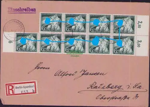 B-16452 Brief DR 9x 843 MeF Mehrfachfrankatur Berlin Spandau nach Radeberg 1943