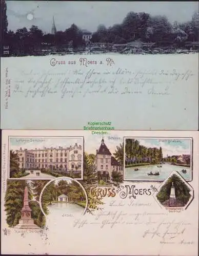 171962 2 AK Moers a. Rhein 1899 Lehrer Seminar Kaiser Denkmal Schloß Stadtgraben