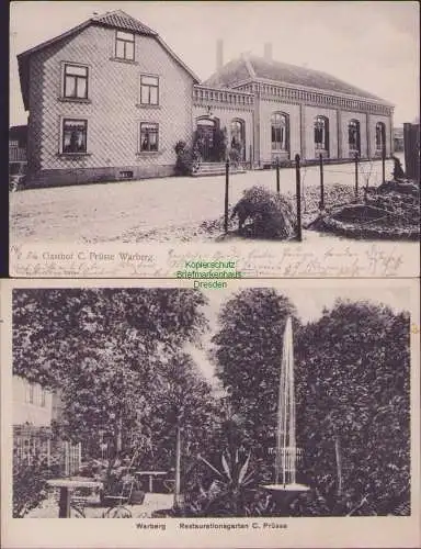 171927 2 AK Gasthof C. Prüsse Warberg 1904 Restaurationsgarten Landpoststempel