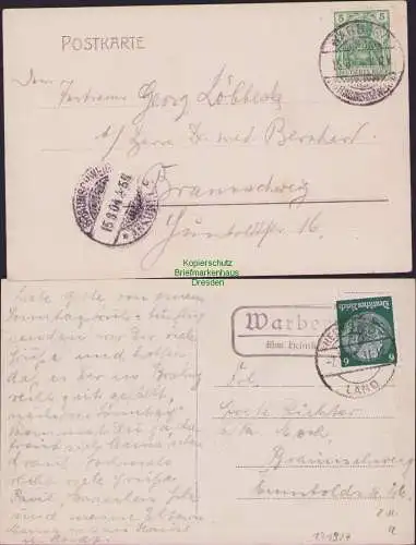 171927 2 AK Gasthof C. Prüsse Warberg 1904 Restaurationsgarten Landpoststempel