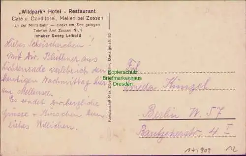 171908 AK Wildpark Hotel Restaurant Café u. Conditorei Mellen bei Zossen um 1920