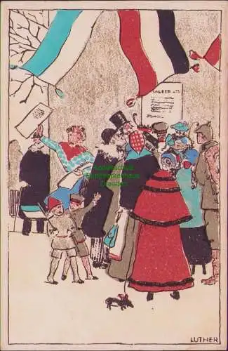 171808 AK Künstlerkarte Luther Personen vor Sonderblatt Kriegsnachichten um 1915