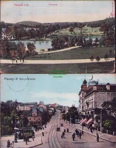 171732 2 AK Plauen i.V. Bahnhofstrasse 1907 Stadtpark 1908