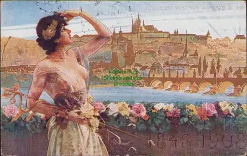 171722 AK Prag 1908 Jubileumsausstellung Frau mit Lorbeerkranz Stadtsilhouette