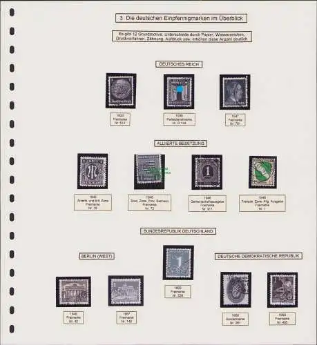 B-50001 3 Seiten aus Spezialsammlung 1 Pfennig Marken Deutschland 1933 - 1970