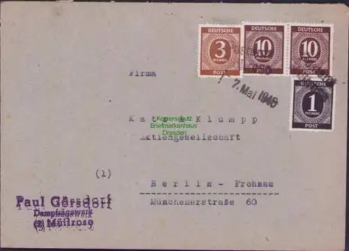 B-16459 Brief Notstempel Müllrose Mai 1946 Bedarf an Katz  Klumpp AG Berlin