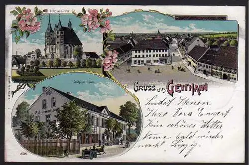 52072 AK Litho Geithain Nikolai Kirche Schützenhaus 1903