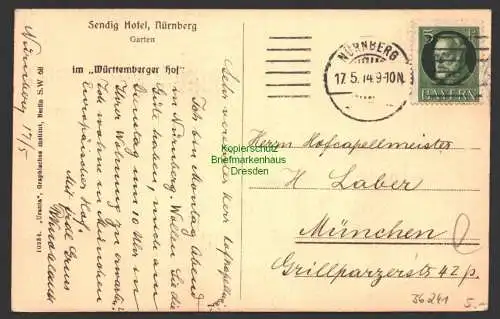 36241 AK Sendig Hotel Nürnberg Württemberger Hof 1914