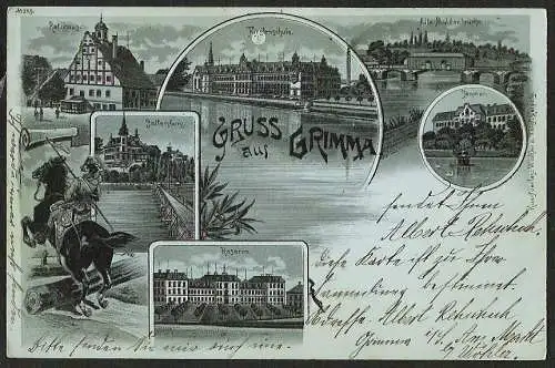 25041 AK Litho  Grimma Gattersburg Husar zu Pferd Fürstenschule Kaserne 1898