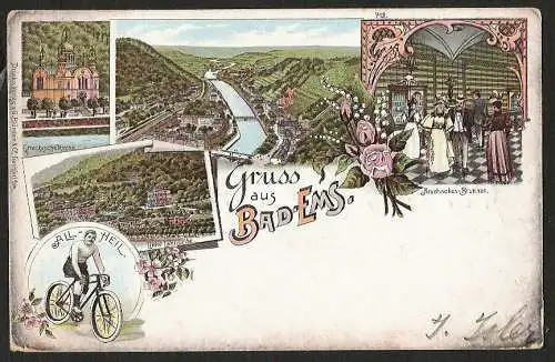 25025 AK Bad Ems Litho Griechische Kirche Radfahrer All Heil Kraenchen Brunnen