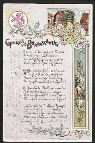 25249 AK Litho Braunschweig Gedicht Braunschweiger Löwe , gelaufen 1897 , Einriß