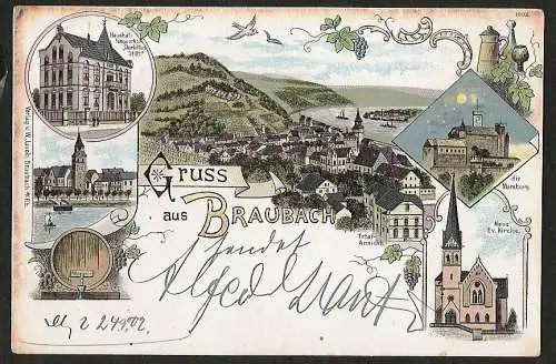 25078 AK Braubach Rhein Litho Marxburg Totale Kirche Charlottenstift 1902