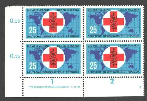 2427 DDR DV 943 RZ 1-2 FN 3 postfrisch ** 1963 Kampf gegen die Malaria Weltkarte