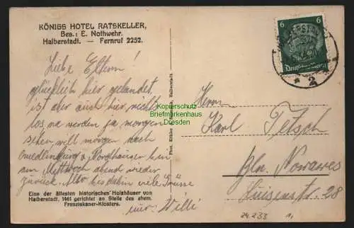 24233 AK Halberstadt Königs Hotel Halberstadt Ratskeller bes. E. Notwehr 1934