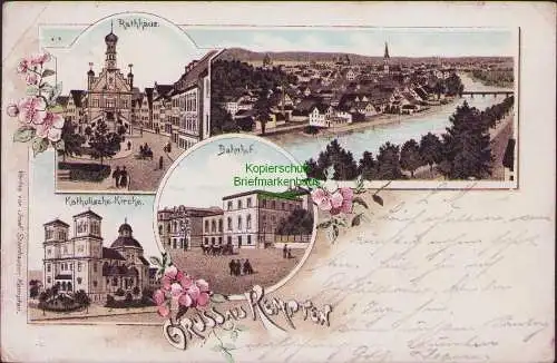 152421 AK Litho Kempten 1898 Rathaus Bahnhof Katholische Kirche