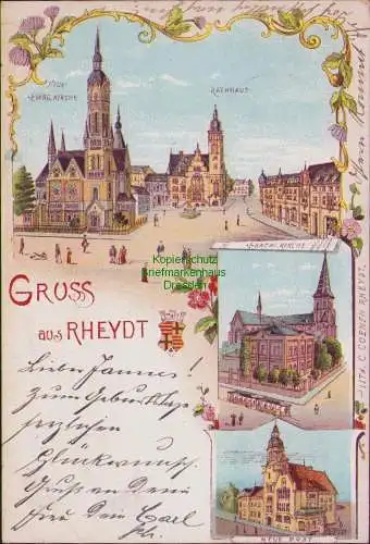 165205 AK Rheydt Mönchengladbach 1901 NEUE EVANG. KIRCHE RATHHAUS KATH. KIRCHE