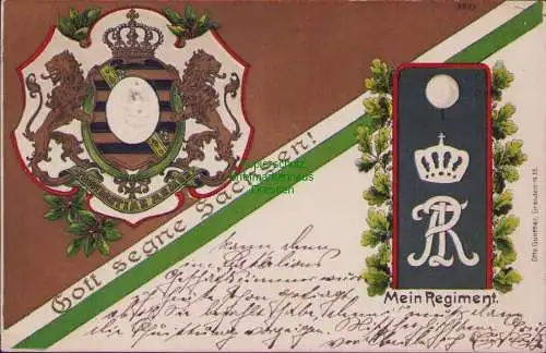 161496 AK Regimentskarte Sachsen Dresden Wappen gerägt 1910 Gott segne Sachsen