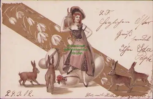 158681 AK Künstlerkarte Ostern 1902 Osterhase Schneeglöckchen Frau m. Hut Berlin