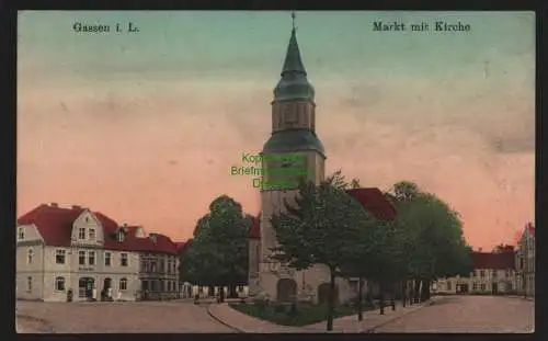 148010 AK Gassen i. L. Jasien Lebus Markt  mit Kirche 1916 Feldpost