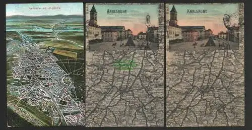 143845 3 AK Karlsruhe Markt 1913 Pyramide Landkarte Luftbild Vogelschau