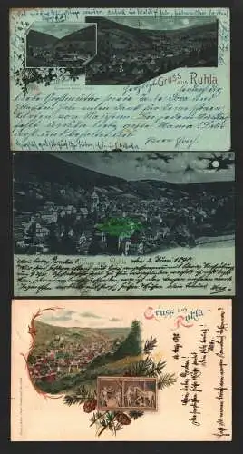 142737 3 AK Ruhla 1898 Litho Panorama Perfin G.T. Mondscheinkarte